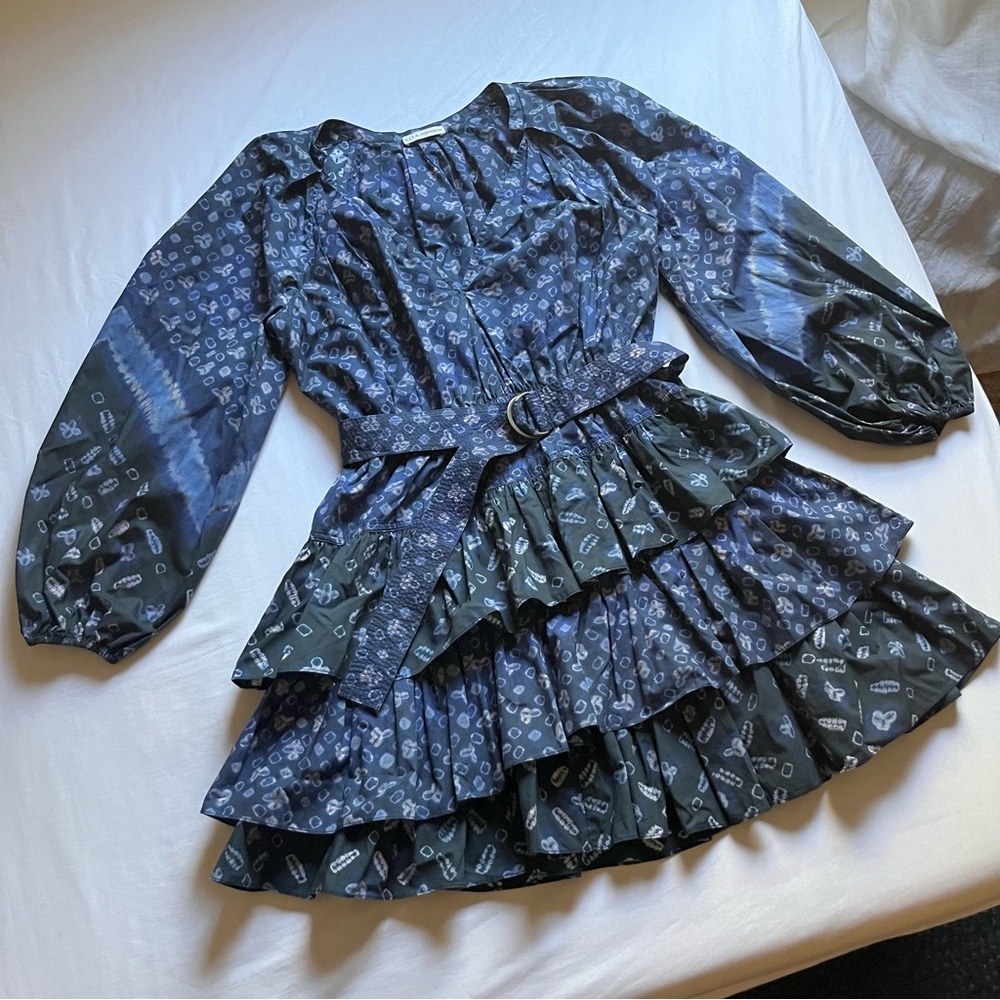 ULLA JOHNSON teal blue green colorblock printed tiered ruffle mini dress